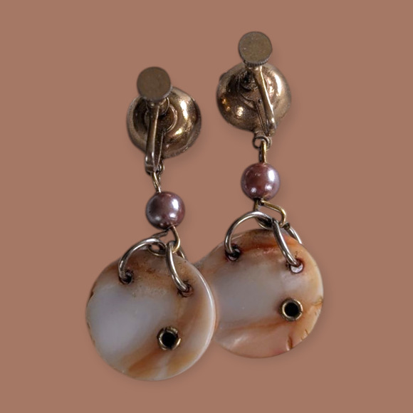 60s Vintage Shell & Rhinestone Dangle Earrings screwback - Picture 4 of 5